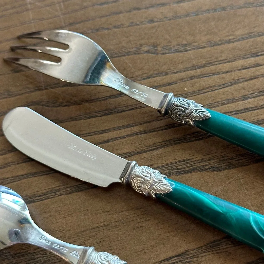 VTG EME Inox Italy Demi Cutlery 18/10 Stainless Steel Green Marbled Handle 3pc